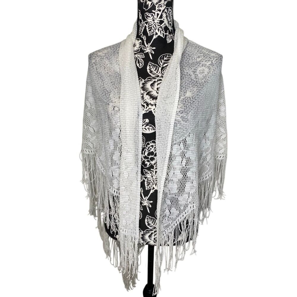 Ivory Floral Lace Knit Fringe Shawl Wrap Cardigan Boho Festival Coverup Bohemian